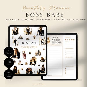 May include: Digital monthly planner for iPad, featuring a "Boss Babe" theme. The planner includes over 200 pages, is hyperlinked, and compatible with GoodNotes, Notability, and iPad. Includes stickers and a daily mood tracker.