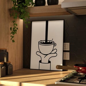 モーニング・リチュアル - ミニマリストなコーヒーウォールアート、モダンな白黒キッチンプリント、コーヒー愛好家のための線画デジタルダウンロード