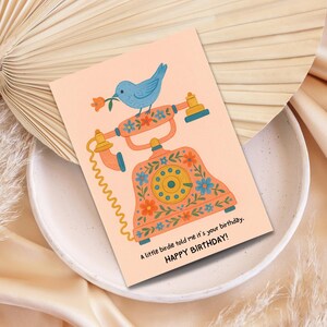 Cartão de aniversário "Bird Tell Me" para impressão, cartão floral estilo vintage, 2 tamanhos 5x7, 4x6 polegadas, JPEG, PDF