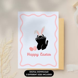 Carte de Pâques imprimable, carte numérique drôle de lapin chat noir pour les amoureux des animaux de compagnie, 5 x 7/4 x 6/5 x 5 cartes carrées JPEG & PDF