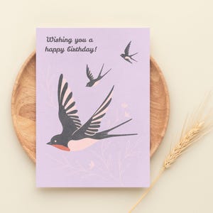 Carte d'anniversaire imprimable, illustration d'oiseau avalé, carte de voeux avec fond lavande pastel, 2 tailles 5 x 7, 4 x 6 pouces, JPEG, PDF