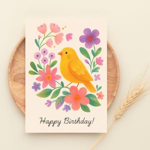 Geburtstagskarte zum Ausdrucken, Gelber Vogel, Blumengruß, Karte für die Lieben, 2 Größen 5x7, 4x6 Zoll, JPEG, PDF