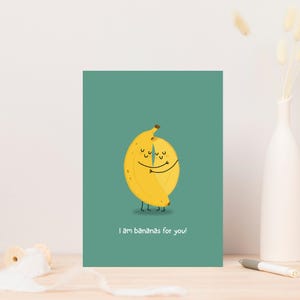 Jolie carte d'amour romantique imprimable, carte de jeu de mots banane câlin, carte de couple doux, 2 tailles 5 x 7, 4 x 6 pouces, JPEG, PDF