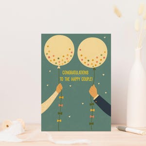 Tarjeta de boda imprimible, tarjeta de felicitación para una pareja feliz, linda ilustración de globos para novios, 2 tamaños: 5x7, 4x6 pulgadas, JPEG, PDF