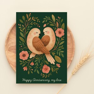 Tarjeta de aniversario imprimible, romántica tarjeta floral de tortolitos para parejas, boda o regalo de pareja, 2 tamaños: 5 x 7, 4 x 6 pulgadas, JPEG, PDF