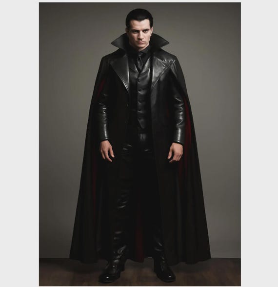 Premium Black Leather Vampire Cloak | Gothic Red Lined Halloween
