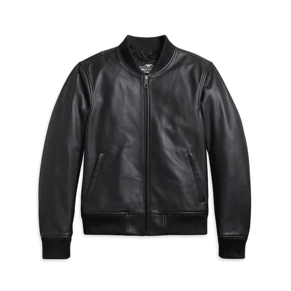 Black Leather Bomber Jacket With Zip Closure Stylish Genuine
