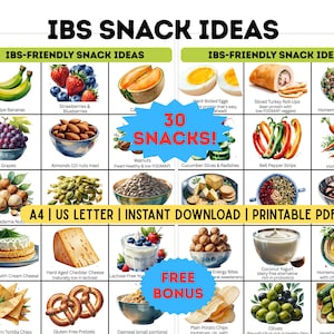 Tabella di idee per spuntini a basso contenuto di FODMAP / Elenco di alimenti stampabili per la sindrome dell'intestino irritabile / 30 spuntini + guida alla dieta per la sindrome dell'intestino irritabile in formato PDF