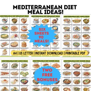 Pode incluir: Um PDF imprimível com ideias de refeições da dieta mediterrânica. A imagem apresenta seis folhas com 90 sugestões de refeições, incluindo ideias para pequeno-almoço, almoço e jantar. O texto inclui "A4 | US LETTER | INSTANT DOWNLOAD | PRINTABLE PDF".