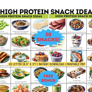 High Protein Snack Ideas Chart – 30 Snack Images + Bonus Diet Guide | Printable 8.5x11 PDF for Fitness, Weight Loss & Meal Prep