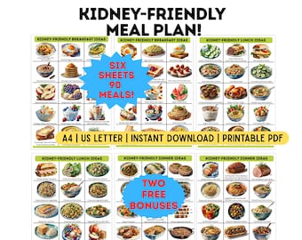 May include: A colorful meal plan chart with the text "Kidney-Friendly Meal Plan!" and meal ideas for breakfast, lunch, and dinner. The chart includes the text "Six Sheets 90 Meals!" and "Two Free Bonuses". The chart is available in A4 and US Letter sizes.