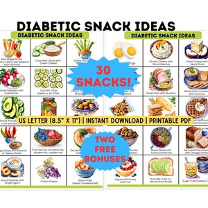 Diabetic Snacks Printable PDF | 30 Low Blood Sugar Snack Ideas | Type 2 Diabetes Food Chart | Low Sugar Guide | Free Bonus Shopping List