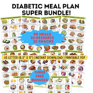 Diabetic Meal Plan Super Bundle: 165 Printable Ideas for Breakfast, Lunch, Dinner, Desserts & Snacks. Blood Sugar Friendly PDF Digital DL