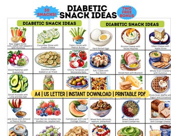 Diabetic Snacks Printable PDF | 30 Low Blood Sugar Snack Ideas | Diabetic Snack List | Low Carb Food List | Bonus Shopping List & Diet Guide