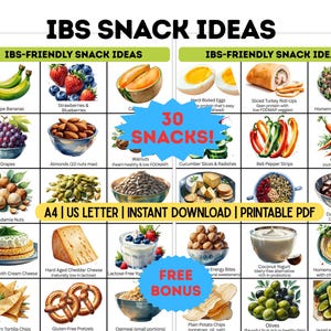 Tabla de ideas de refrigerios bajos en FODMAP / Lista de alimentos para el SII imprimible / 30 refrigerios + Guía de dieta para el SII en PDF