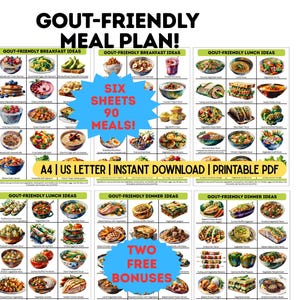 Può includere: Un piano alimentare stampabile per la gotta con idee per la colazione, il pranzo e la cena. Il piano comprende sei fogli con 90 pasti e due fogli bonus. Il testo sull'immagine dice "GOUT-FRIENDLY MEAL PLAN!".