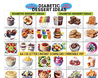 Doces sem açúcar, doces com baixo teor de açúcar, tabela de sobremesas para diabéticos para imprimir. Tabela de alimentos saudáveis para diabéticos. Formatos A4 e Carta (EUA)