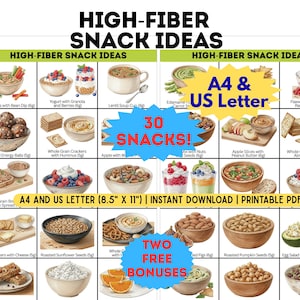 Op de afbeelding: Een kleurrijke infographic getiteld "High-Fiber Snack Ideas" toont 30 snack suggesties. De afbeelding bevat kommen met eten, fruit en crackers. Tekst bevat "A4 & US Letter" en "Instant Download | Printable PDF".