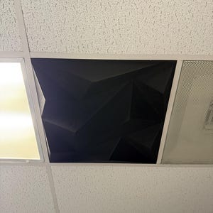 May include: A white ceiling with a black acoustic tile panel. The panel is made of a textured material and has a geometric design.