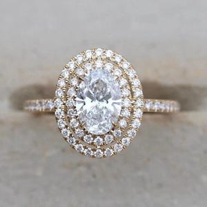 Double Halo Oval Cut Moissanite Engagement Ring, Half Eternity Band Promise Ring, 14K Gold Oval Cut Wedding Ring, Proposal Ring for Girl