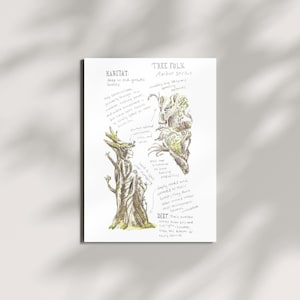 May include: A watercolor illustration of a Tree Folk, Arbor Spiritus, with text describing their habitat and diet. The artwork features two tree-like figures with detailed drawings and handwritten notes in black ink on a white background.