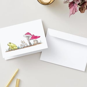 Carte de voeux lunatique de grenouille et de champignon - cottagecore - papeterie de grenouille mignonne - carte blanche pour toutes les occasions - merci - pensée de vous