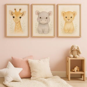 Safari Baby Tiere Wandbild - 3er Set Drucke – Giraffe, Nilpferd, Löwe – Aquarell Kinderzimmer Dekor – Digitaler Download