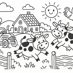May include: A black and white illustration of a farm scene with a tractor, two cows, a chicken, and a house. The sun is shining in the sky.