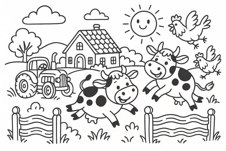 May include: A black and white illustration of a farm scene with a tractor, two cows, a chicken, and a house. The sun is shining in the sky.