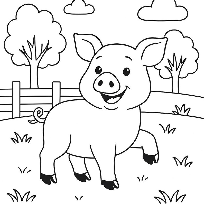 May include: A black and white line drawing of a happy pig standing in a field with a fence and trees in the background.