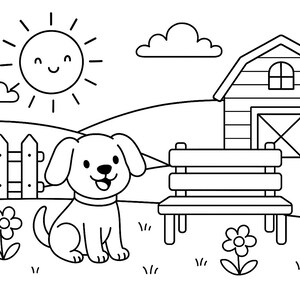 May include: A black and white line drawing of a dog sitting in front of a fence, a barn, and a bench. The dog is smiling and has a collar on. There is a sun in the sky and flowers in the grass.