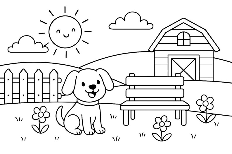 May include: A black and white line drawing of a dog sitting in front of a fence, a barn, and a bench. The dog is smiling and has a collar on. There is a sun in the sky and flowers in the grass.