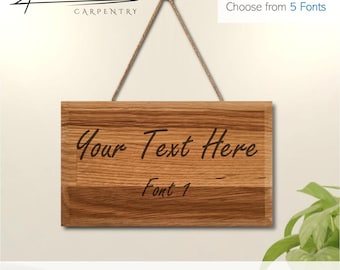 Personalised Text String Hung Custom Engraved Wooden Sign / Plaque - Oak Hardwood - 5 Fonts