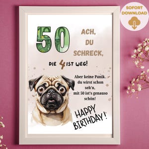 Geldgeschenk zum 50 Geburtstag | DIN A4 | Geld kreativ verschenken |  lustiges Geschenk | letzte Minute Geschenk zum geburtstagsgeschenk |  Mops
