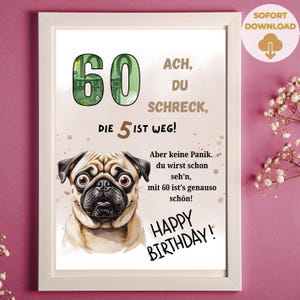 Geldgeschenk zum 60 Geburtstag | A4 | Geld kreativ verschenken |  lustiges geschenk | Last-Minute Geschenk zum Selbstdrucken | PDF Mops