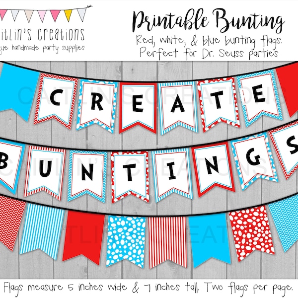 Printable Red and Blue Bunting Template - Classroom decor, birthday party, baby shower, library decor - Swallow tail flags - DIY