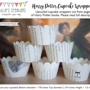 May include: A stack of white cupcake wrappers with scalloped edges. The wrappers are made from pages of Harry Potter books. The text on the wrappers is visible, including the words "Shunpike", "First", "kind of pulsing", and "One of them was". The wrappers are 1 7/8 inches in diameter at the bottom, 2 3/4 inches in diameter at the top, and 1 1/2 inches tall.