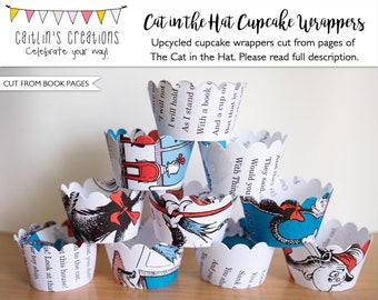 Upcycled Book Cupcake Wrappers - The Cat in the Hat - Ready to ship