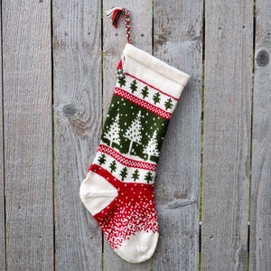 Hand Knit Christmas Stocking - Trees & Falling Snow - Red, White, Green  - Made to Order - Customizable