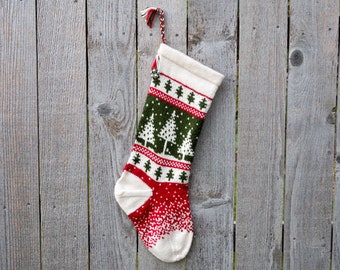 Hand Knit Christmas Stocking - Trees & Falling Snow - Red, White, Green  - Made to Order - Customizable