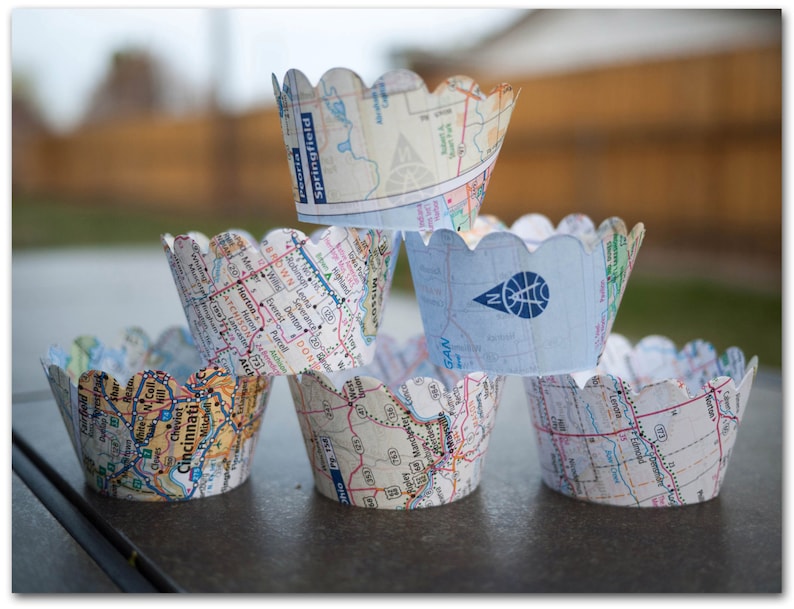 12 Map Cupcake Wrappers Map paper Party Supplies Going away, Wedding, Birthday, Bridal Shower, Baby shower Ready to ship image 3