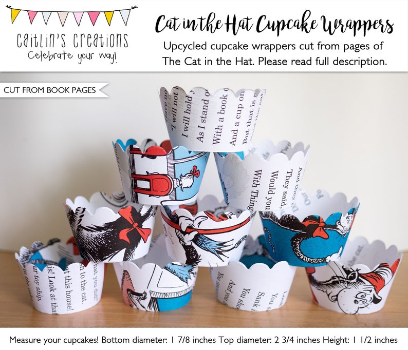 Upcycled Book Cupcake Wrappers The Cat in the Hat Ready to ship image 1