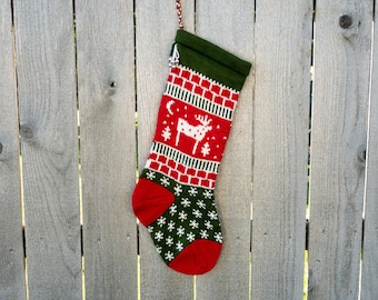 Hand knit Reindeer Christmas Stocking - Choose your style - Red, White, Green  - Made to Order - Customizable