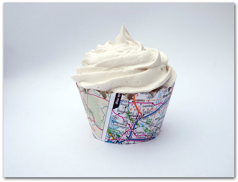 12 Map Cupcake Wrappers Map paper Party Supplies Going away, Wedding, Birthday, Bridal Shower, Baby shower Ready to ship image 2