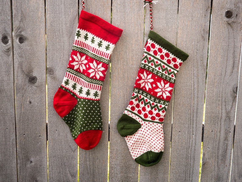 Hand knit Christmas Stocking Poinsettia flower/Snowflake Red, White, Green Made to Order Customizable image 9