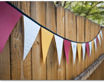 Upcycled Book Bunting - Wizard House Colors - Yellow/scarlet, blue/bronze, yellow/black, green/gray