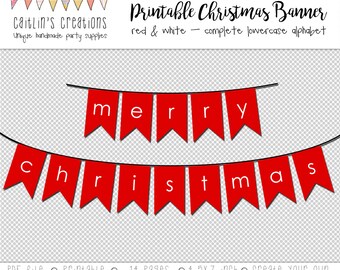 Red Printable Bunting - Merry Christmas - Instant Download - Full lowercase alphabet -DIY Party Garland Bunting Flag, Swallow Tail