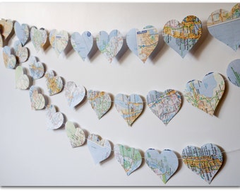 Map Hearts Garland - 9 feet - Love on Location - 3 inch hearts cut from maps of States in the US - Ready to ship