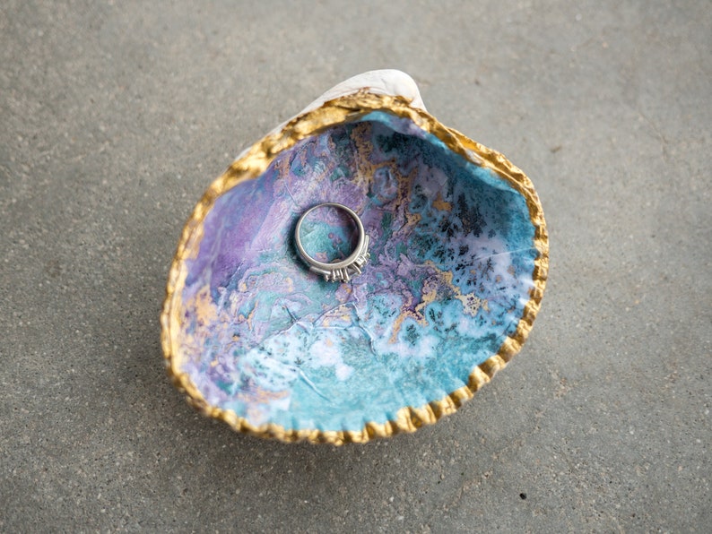 Medium shell ring dish Decoupaged shell Purple, blue, and gold marbling Cockle clam shell image 2