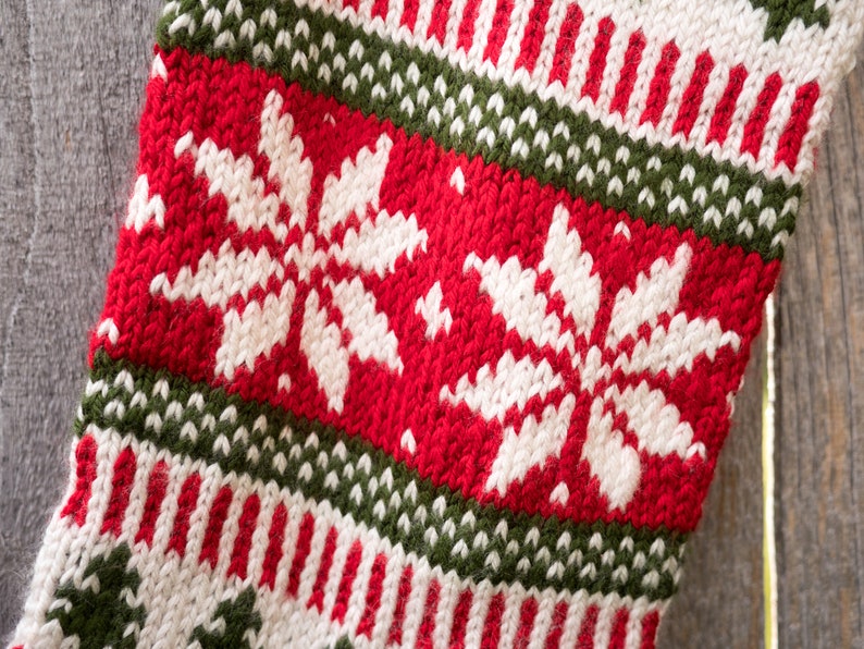 Hand knit Christmas Stocking Poinsettia flower/Snowflake Red, White, Green Made to Order Customizable image 3